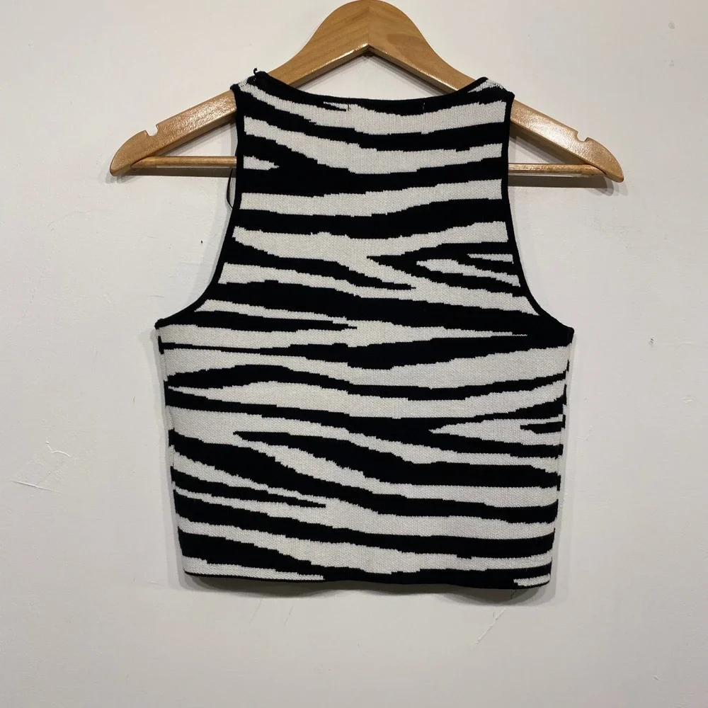 Zara Zebra Print Knit Cropped Vest Top Black White Silver Button XS